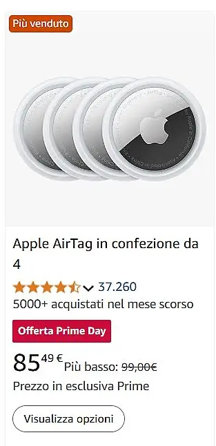 Offerte Amazon Prime Day sugli accessori da viaggio: Apple AirTag (4 pack)