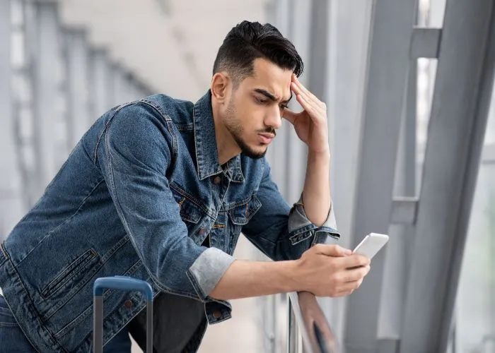 Un ragazzo preoccupato da quello che legge sul suo smartphone