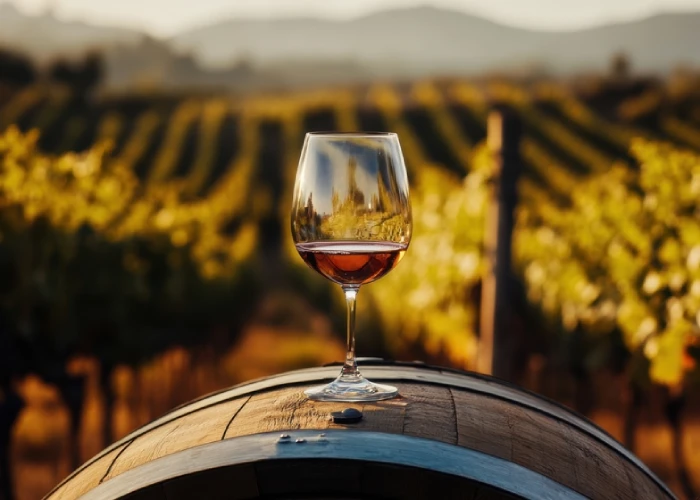 Bicchiere di vino su una botte