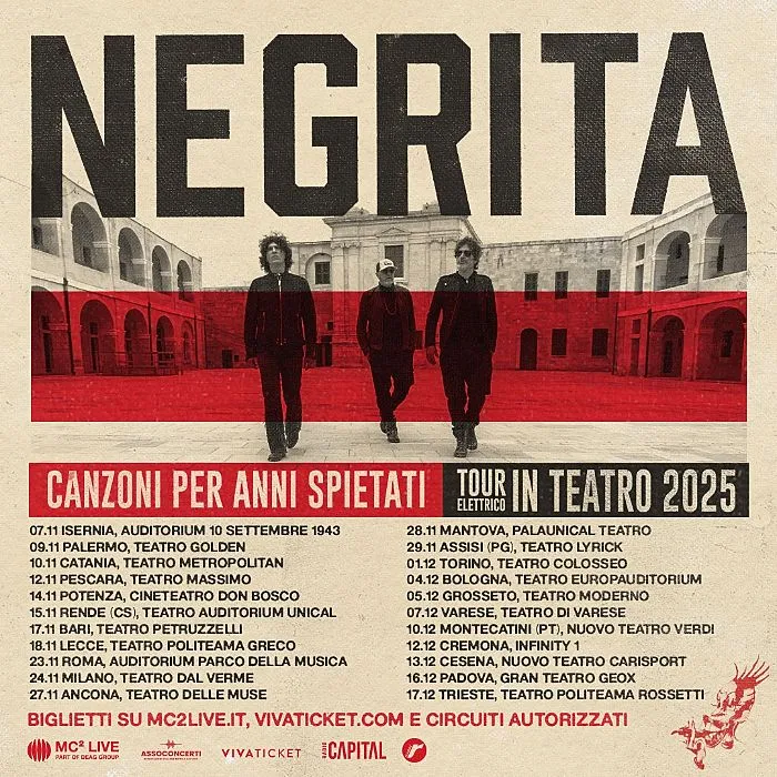 Tra gli eventi a Roma del 23 novembre 2025 c'è Negrita - Canzoni per Anni Spietati Tour