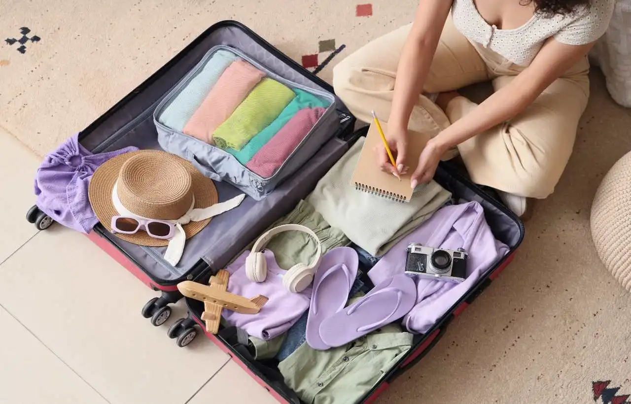 Una ragazza con la sua checklist mentre prepara la valigia per un viaggio