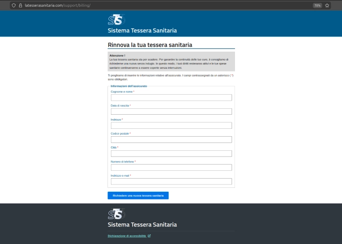 Screenshot del sito falso per il rinnovo della Tessera sanitaria