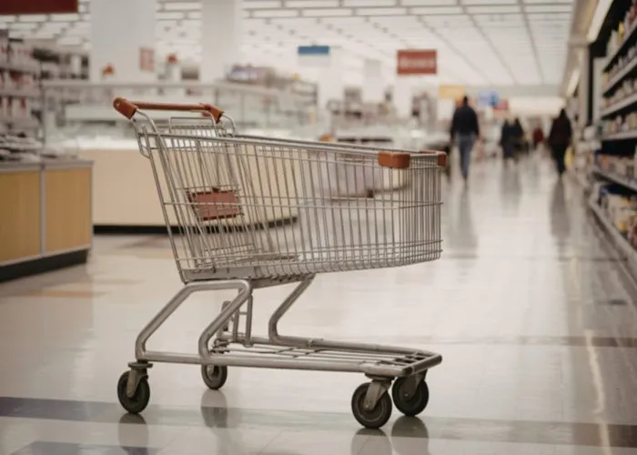 Come risparmiare sulla spesa nel 2026 - Un carrello della spesa vuoto in un supermercato