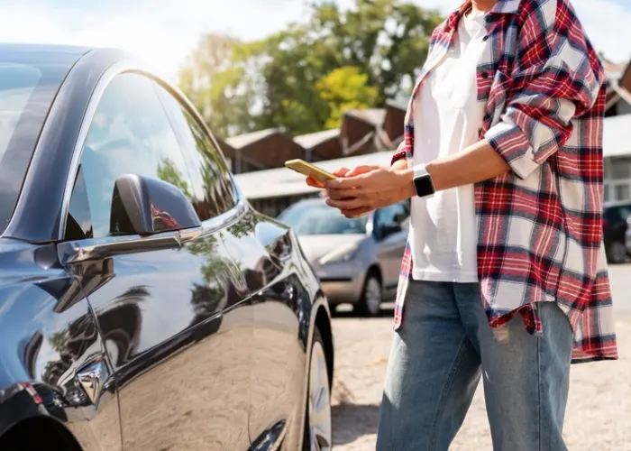 CAI digitale - Uomo con lo smartphone vicino a un'auto