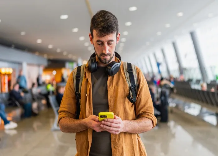 Un ragazzo usa un'app del suo smartphone in aeroporto