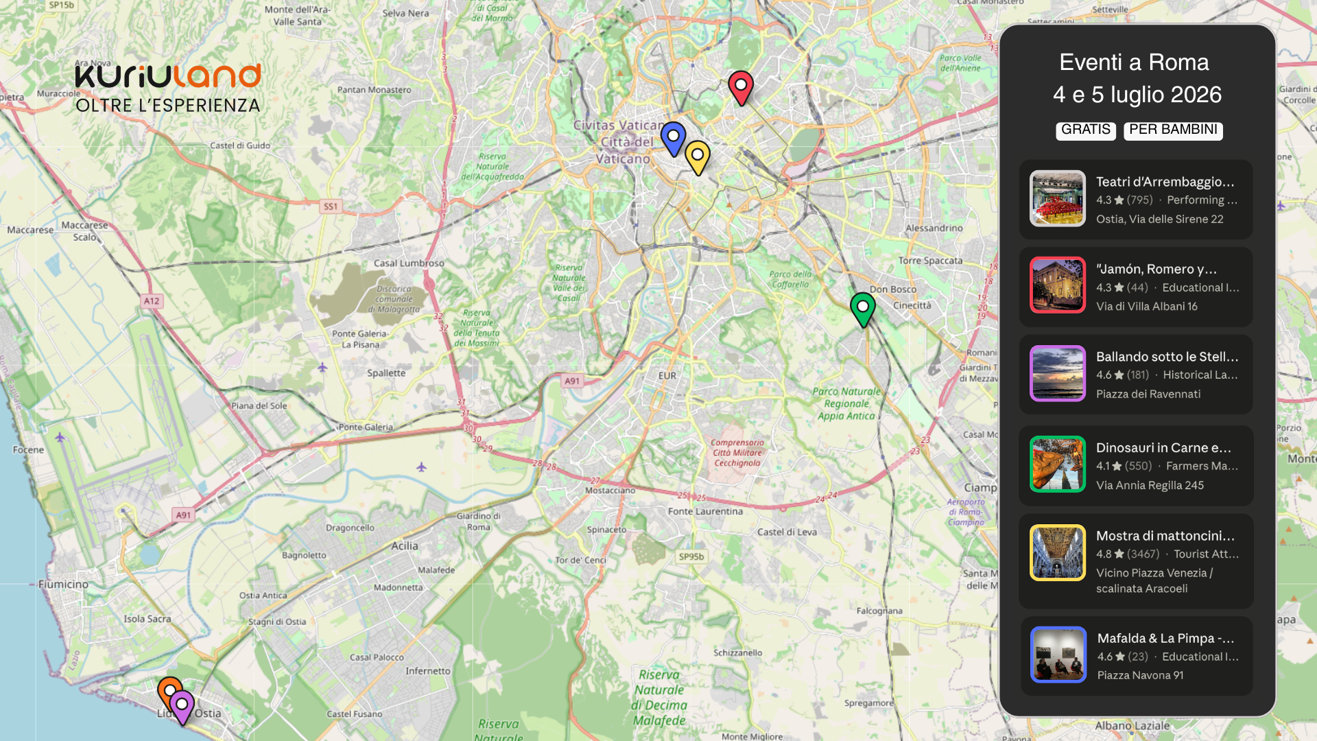 Mappa eventi questo weekend a Roma - gratis e per bambini - 4 e 5 luglio 2026 con la posizione di concerti, mostre e spettacoli