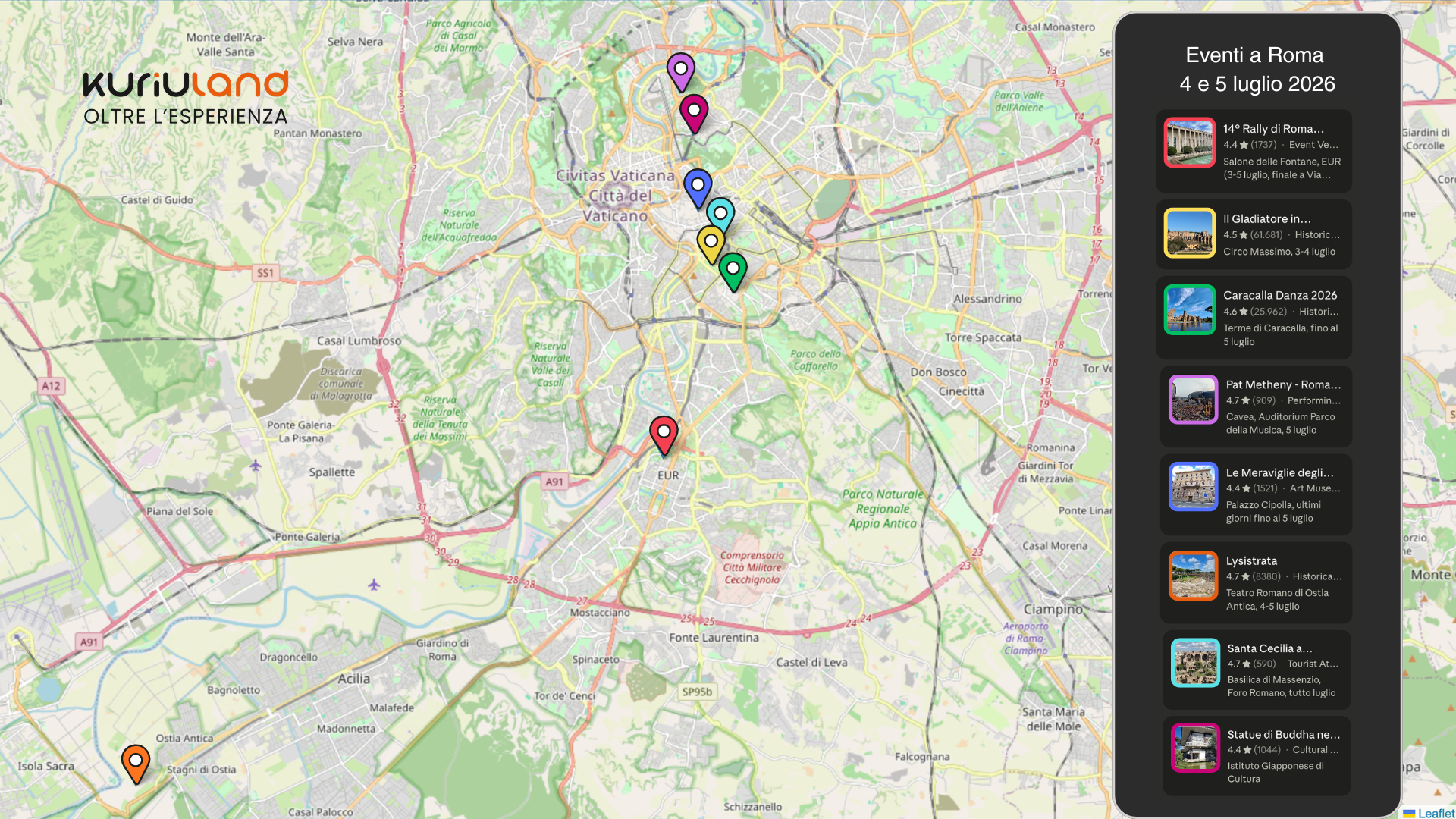 Mappa eventi questo weekend a Roma - 4 5 luglio 2026 con la posizione di concerti, mostre e spettacoli