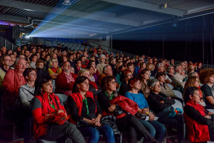 Pubblico durante una proiezione serale in una sala cinematografica