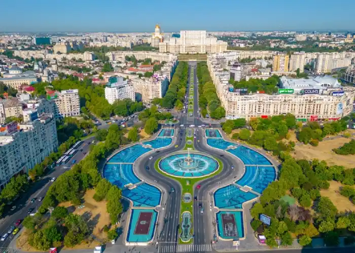 Vista aerea di Bucarest, sede di Dracula Land