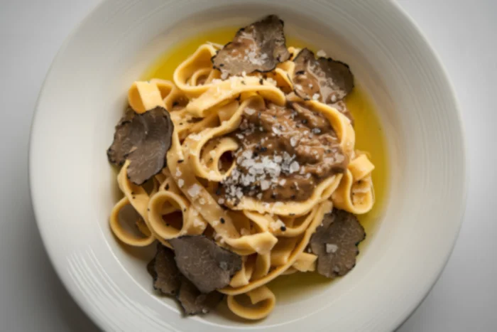 Tagliatelle all’uovo con tartufo bianco affettato al tavolo