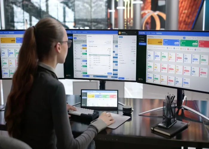 Hotel Manager Controlla I Dati Delle Prenotazioni Sullo Schermo Del Suo Computer