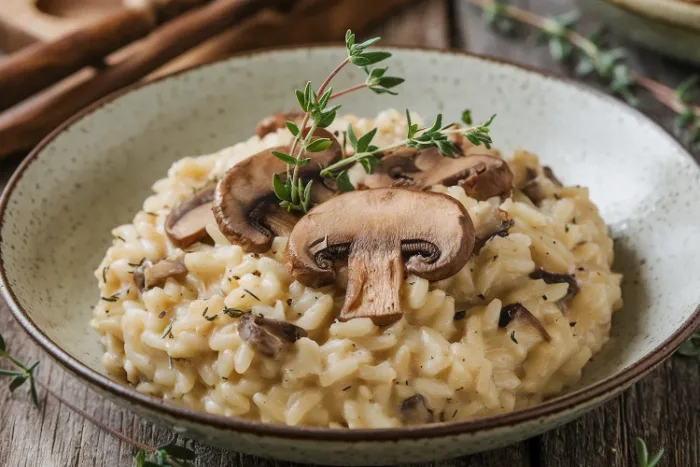 Risotto ai funghi cremoso preparato con riso Arborio