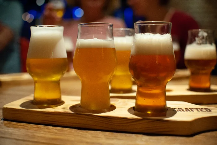 Paletta di degustazione con bicchieri di birra di stili diversi